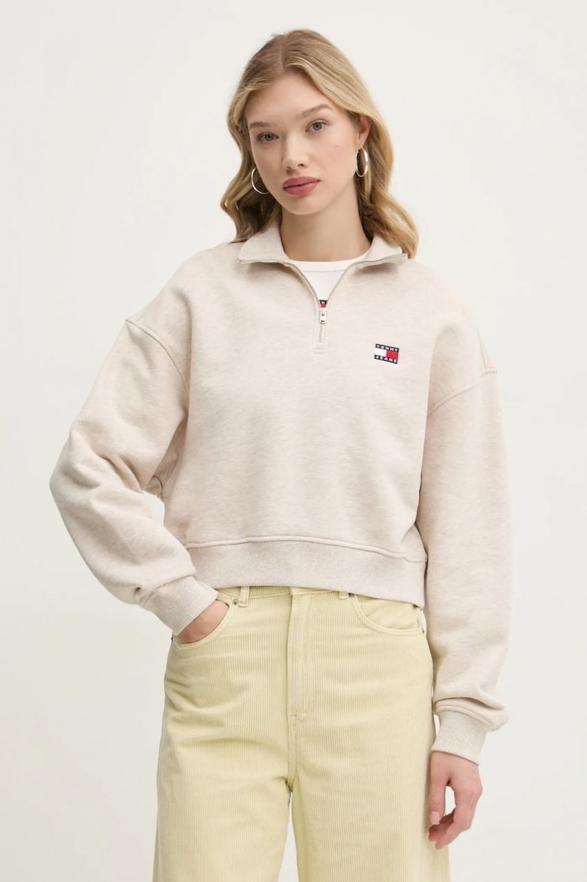 Bavlnená mikina Tommy Jeans dámska, béžová farba, s nášivkou, DW0DW19410