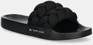 Šľapky Tommy Jeans BRAIDED SLIDE dámske, čierna farba, EN0EN02764
