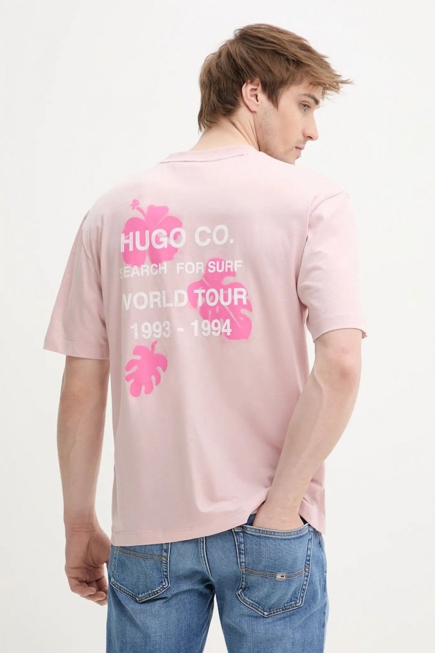 Bavlnené tričko Hugo Blue pánske, ružová farba, s potlačou, 50536126
