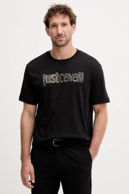 Bavlnené tričko Just Cavalli pánske, čierna farba, s potlačou, 79OAHT16 CJ500