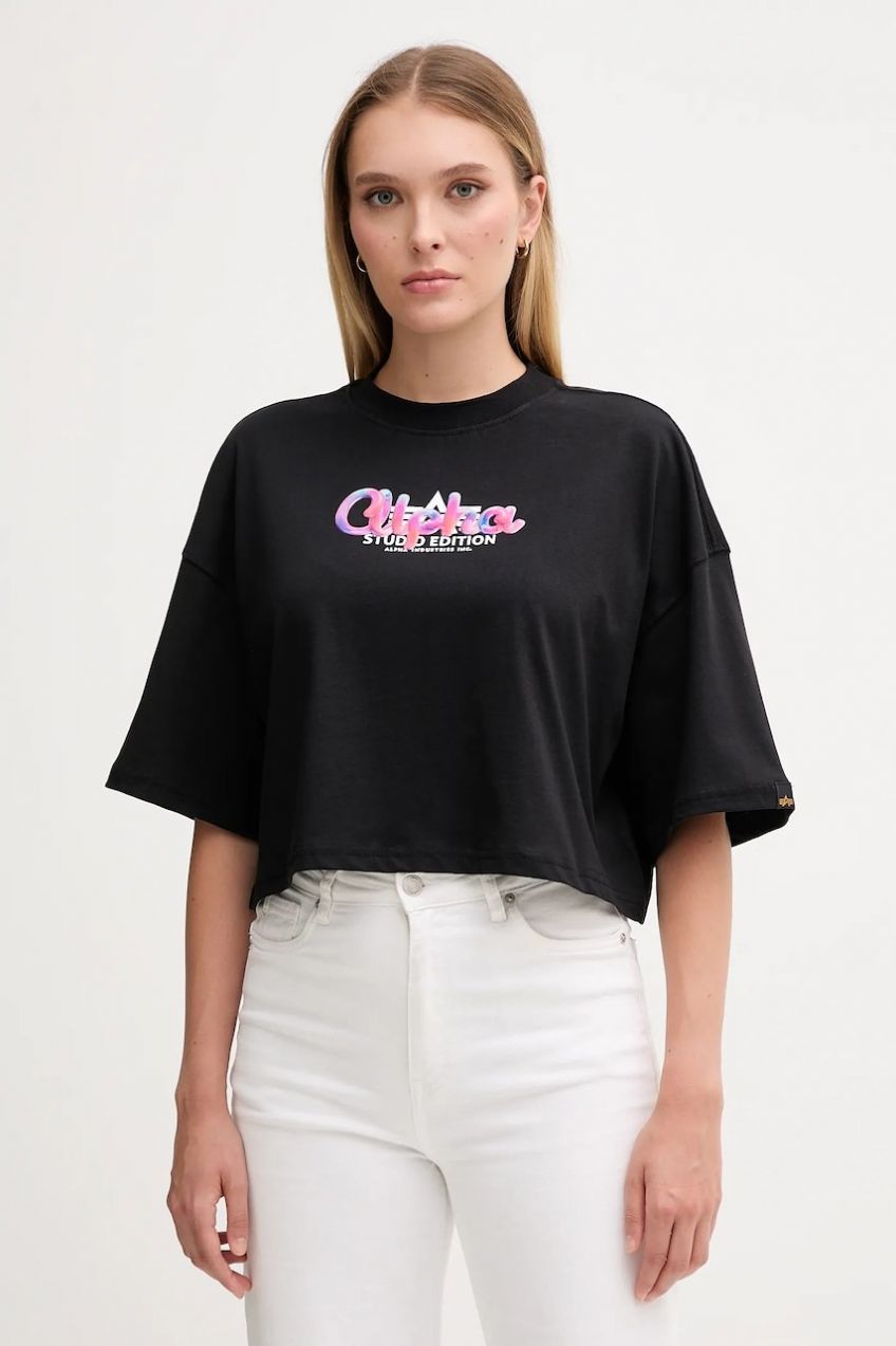 Bavlnené tričko Alpha Industries dámske, čierna farba, 258064.03
