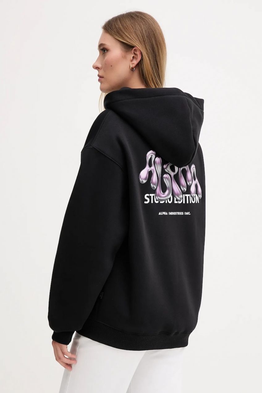Mikina Alpha Industries čierna farba, s kapucňou, s potlačou, 156042.03