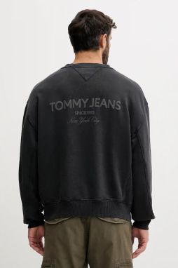 Bavlnená mikina Tommy Jeans šedá farba, s nášivkou, DM0DM22079