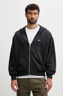Bavlnená mikina Tommy Jeans šedá farba, s kapucňou, s nášivkou, DM0DM22080
