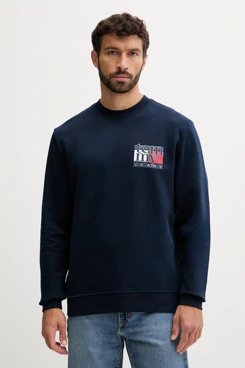 Bavlnená mikina Tommy Jeans tmavomodrá farba, s potlačou, DM0DM22093