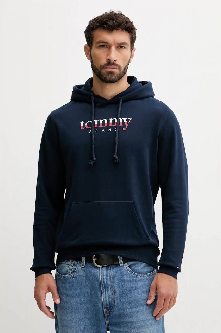 Bavlnená mikina Tommy Jeans tmavomodrá farba, s kapucňou, s potlačou, DM0DM22113