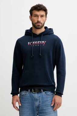 Bavlnená mikina Tommy Jeans tmavomodrá farba, s kapucňou, s potlačou, DM0DM22113