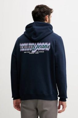 Bavlnená mikina Tommy Jeans tmavomodrá farba, s kapucňou, s potlačou, DM0DM22112