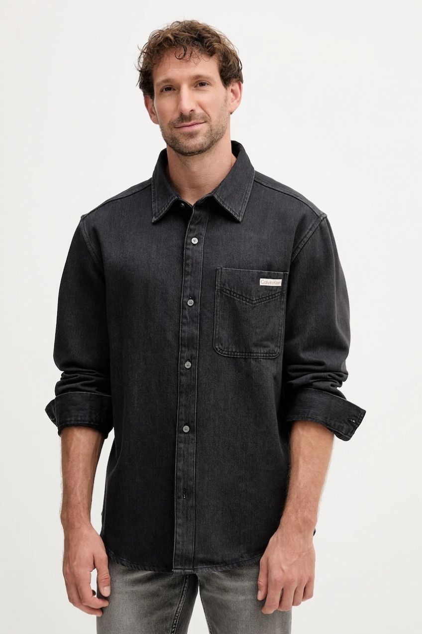 Rifľová košeľa Calvin Klein Jeans čierna farba, regular, s klasickým golierom, LV04RD765G