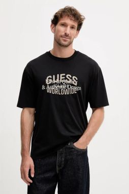 Bavlnené tričko Guess WORLDWIDE pánske, čierna farba, s potlačou, M5YI49 KBW41