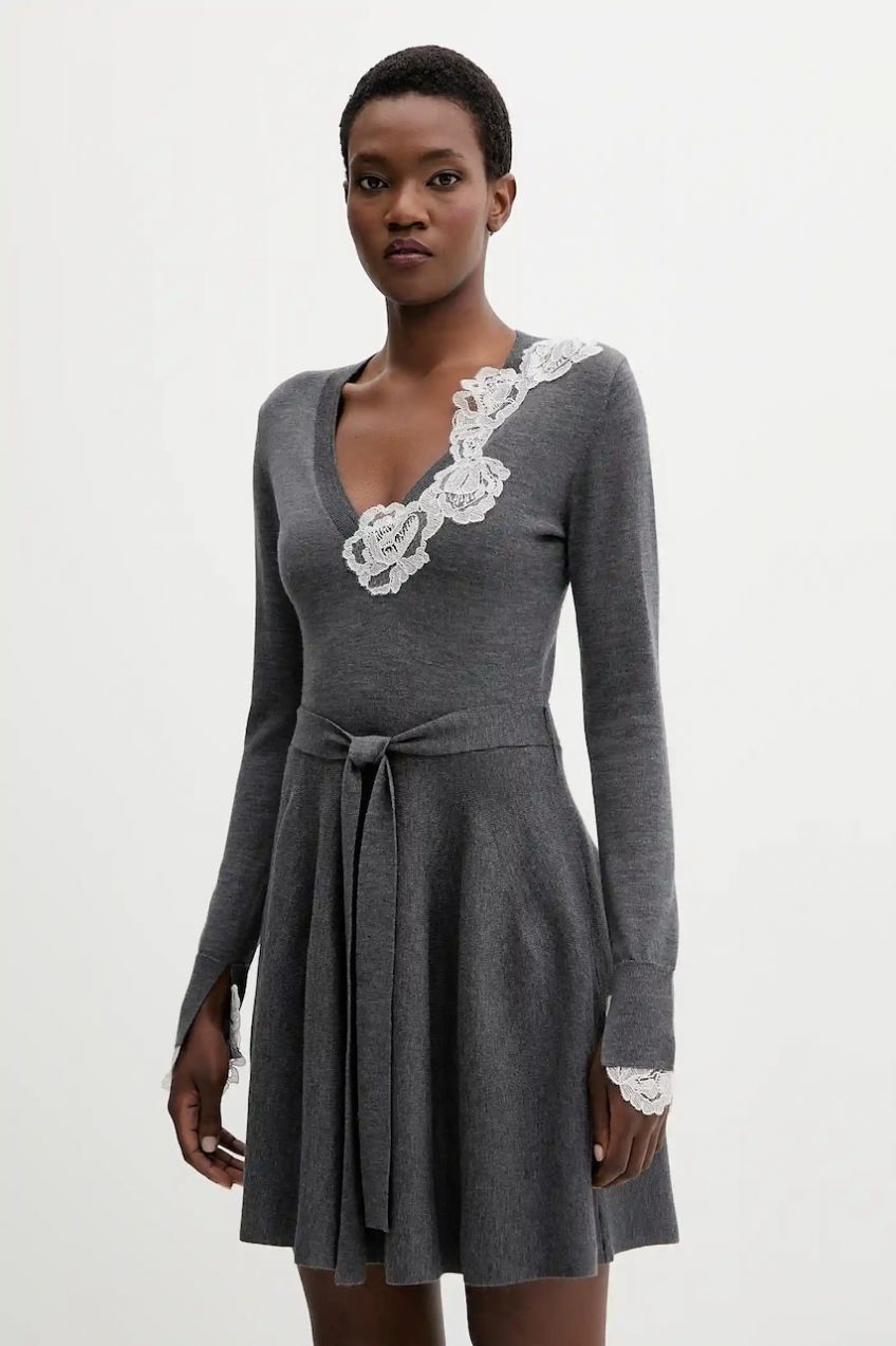 Vlnené šaty Blugirl Blumarine šedá farba, mini, áčkový strih, RF5231.MA82O