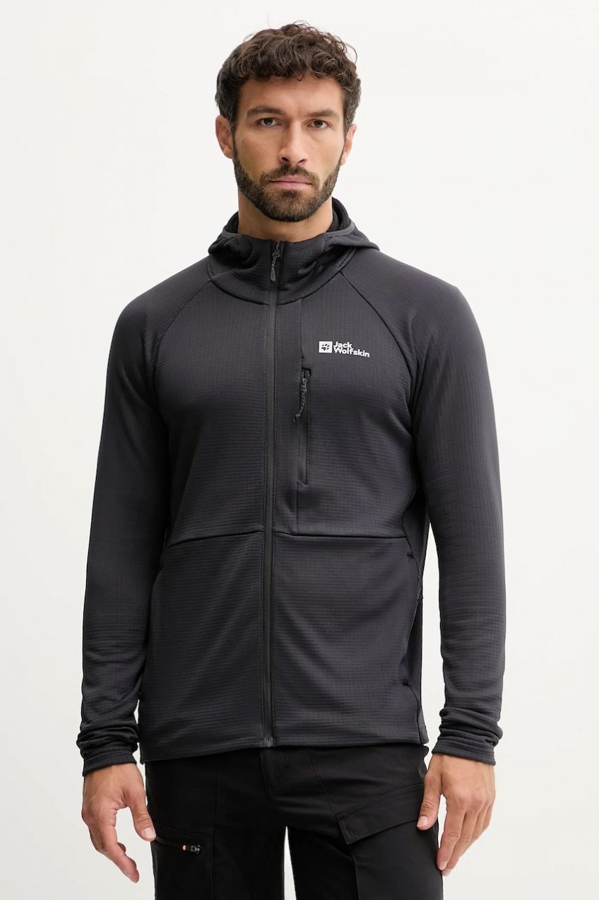 Mikina Jack Wolfskin KOLBENBERG čierna farba, s kapucňou, jednofarebná, A63966