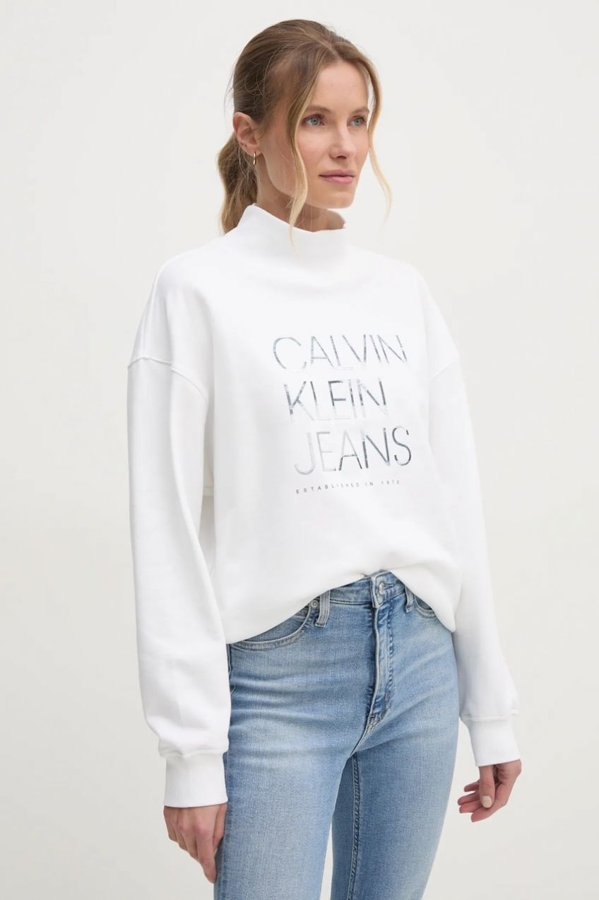 Bavlnená mikina Calvin Klein Jeans dámska, béžová farba, s nášivkou, J20J225082