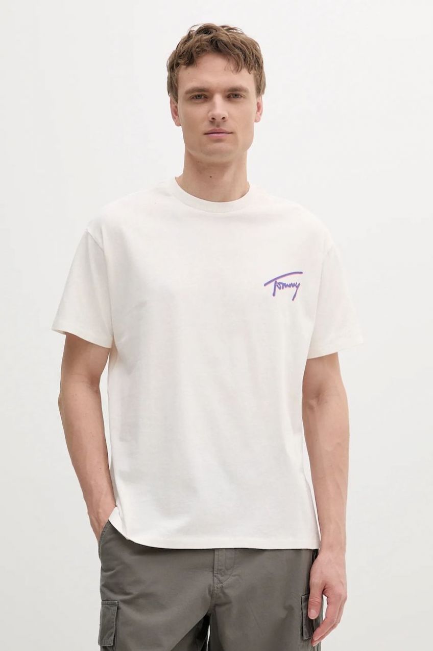 Bavlnené tričko Tommy Jeans pánske, béžová farba, s potlačou, DM0DM20768