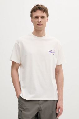 Bavlnené tričko Tommy Jeans pánske, béžová farba, s potlačou, DM0DM20768
