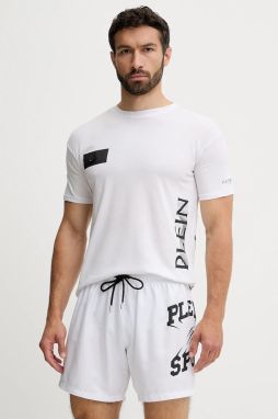 Bavlnené tričko PLEIN SPORT pánske, biela farba, s potlačou, PS25MTS01