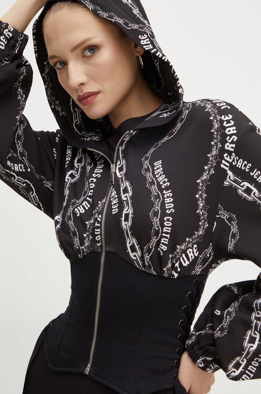 Bavlnená mikina Versace Jeans Couture dámska, čierna farba, s kapucňou, vzorovaná, 77HAI3A4 FS159