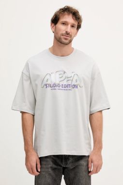 Bavlnené tričko Alpha Industries pánske, šedá farba, s potlačou, 156551.666
