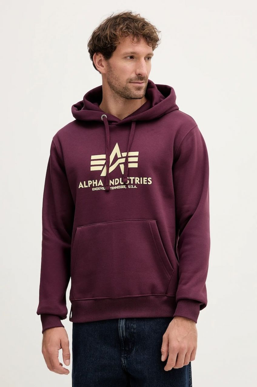 Mikina Alpha Industries bordová farba, s kapucňou, s potlačou, 178312.608
