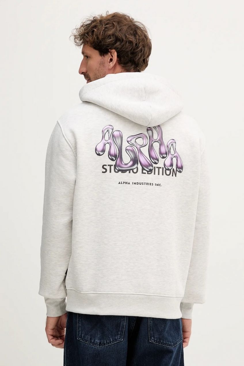 Mikina Alpha Industries šedá farba, s kapucňou, s potlačou, 156339.752