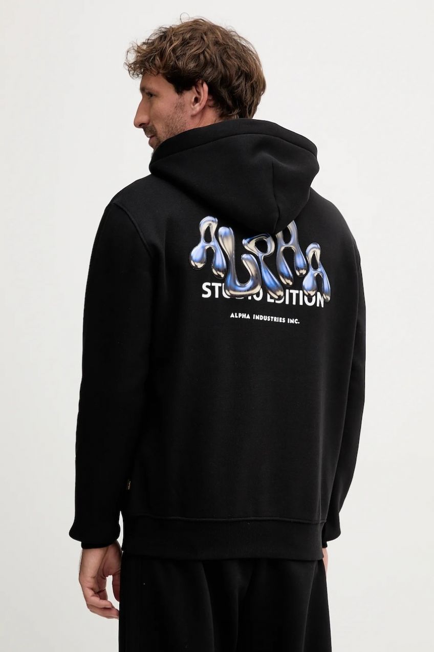 Mikina Alpha Industries čierna farba, s kapucňou, s potlačou, 156339.03