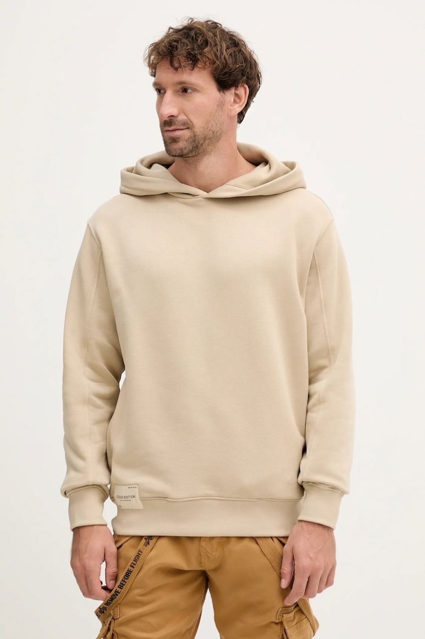 Mikina Alpha Industries béžová farba, s kapucňou, jednofarebná, 156335.627