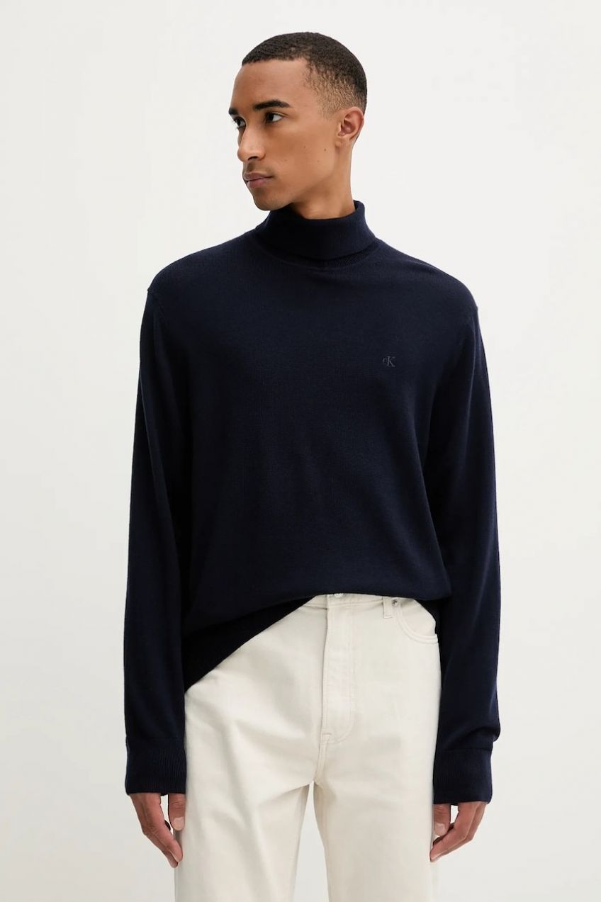 Vlnený sveter Calvin Klein tmavomodrá farba, ľahké, s rolákom, LV04LD317G
