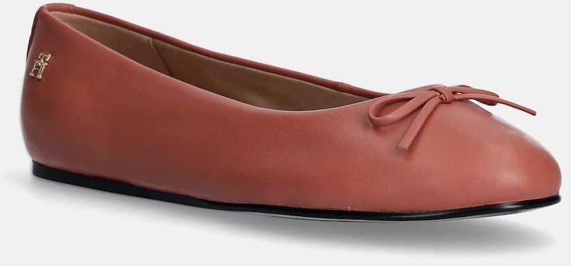 Kožené balerínky Tommy Hilfiger BALLERINA LEATHER FLAT BOW oranžová farba, FW0FW08359