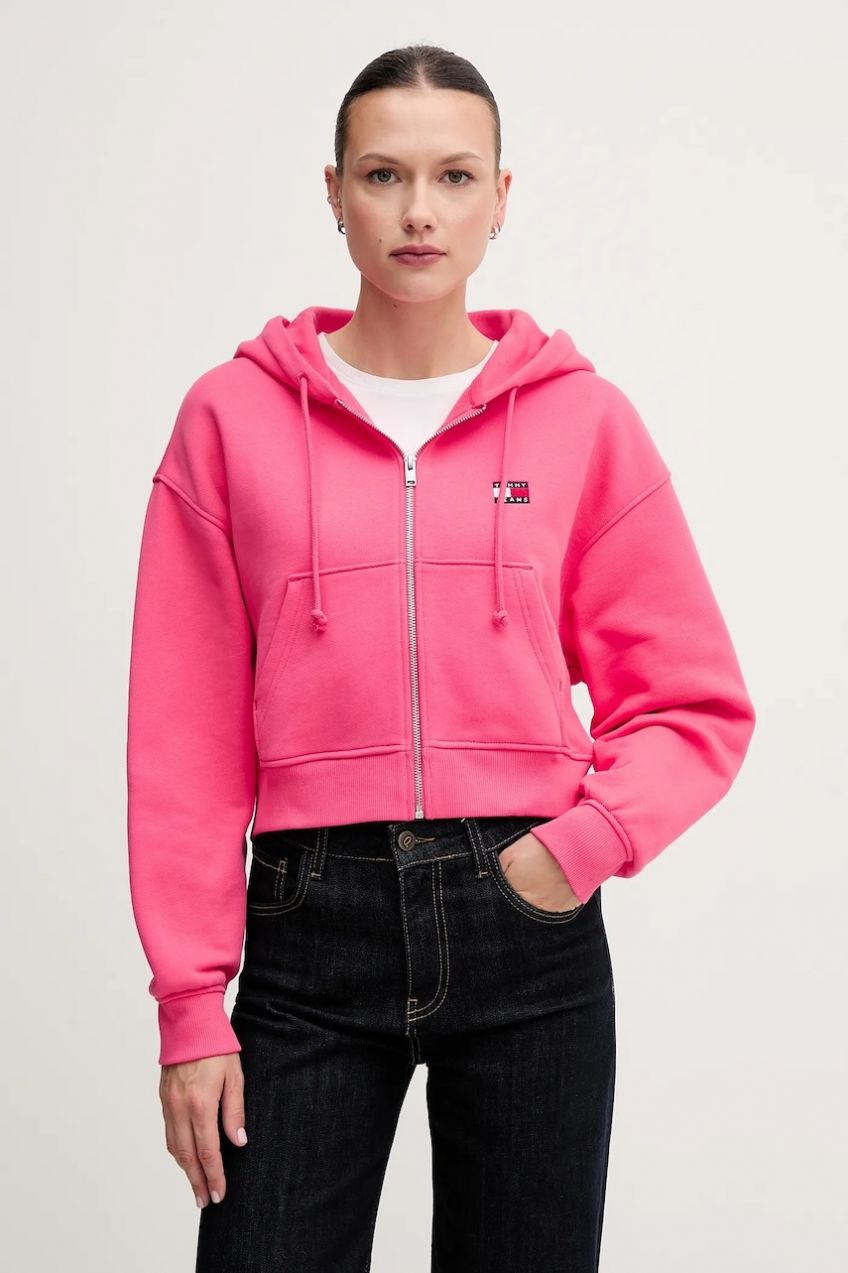 Bavlnená mikina Tommy Jeans ružová farba, s kapucňou, s nášivkou, DW0DW21355