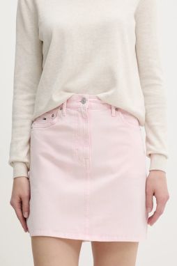 Rifľová sukňa Tommy Jeans ružová farba, mini, rovný strih, DW0DW20607