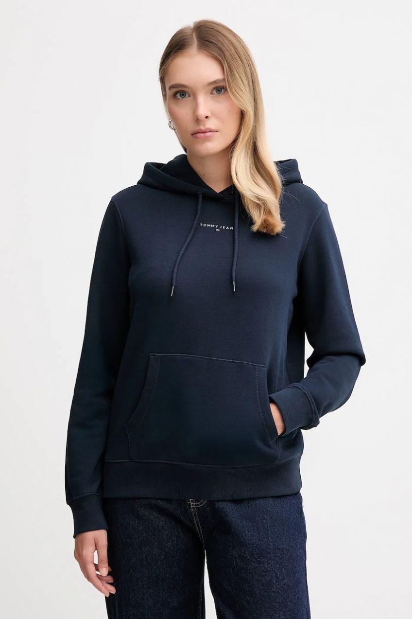 Mikina Tommy Jeans tmavomodrá farba, s kapucňou, s potlačou, DW0DW21963