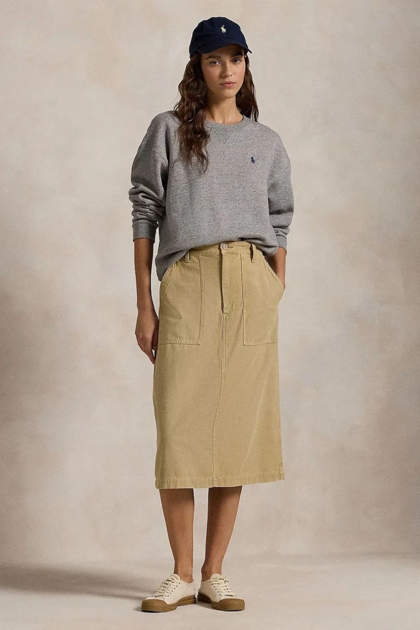 Bavlnená sukňa Polo Ralph Lauren RICKY MD SK béžová farba, midi, áčkový strih, 211959051