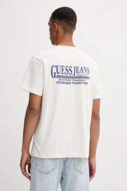 Bavlnené tričko Guess Jeans pánske, béžová farba, s potlačou, M5YI09 K8FQ4