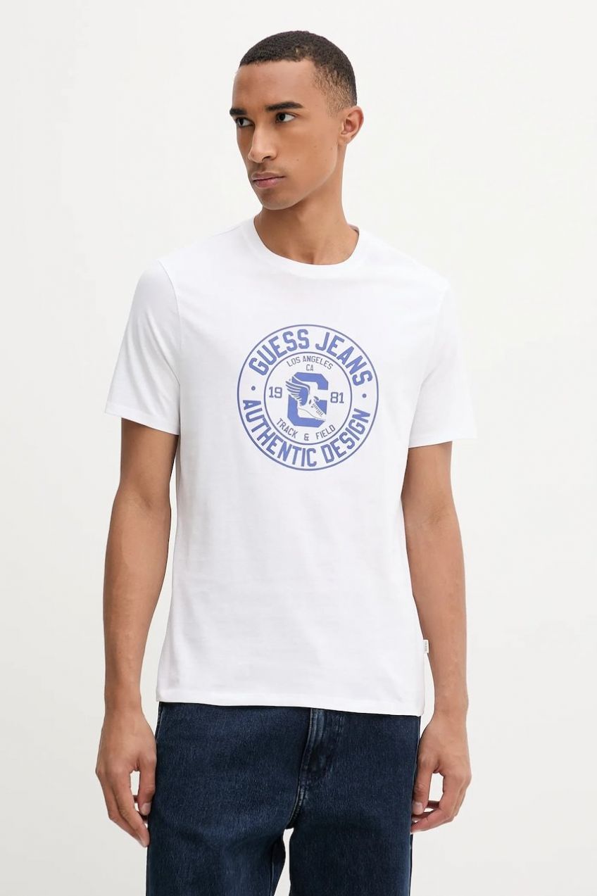 Bavlnené tričko Guess Jeans pánske, biela farba, s potlačou, M5YI29 K8HM0