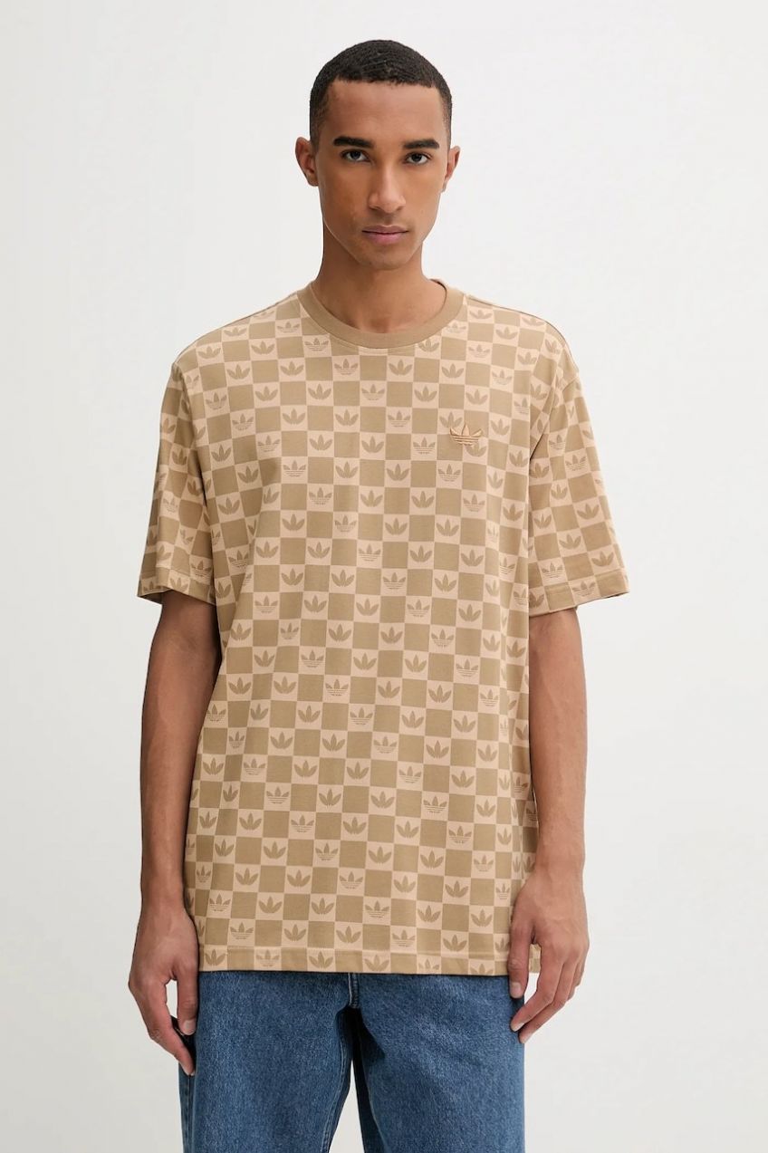 Bavlnené tričko adidas Originals Mg Lo Ss T pánske, béžová farba, vzorované, JY2970