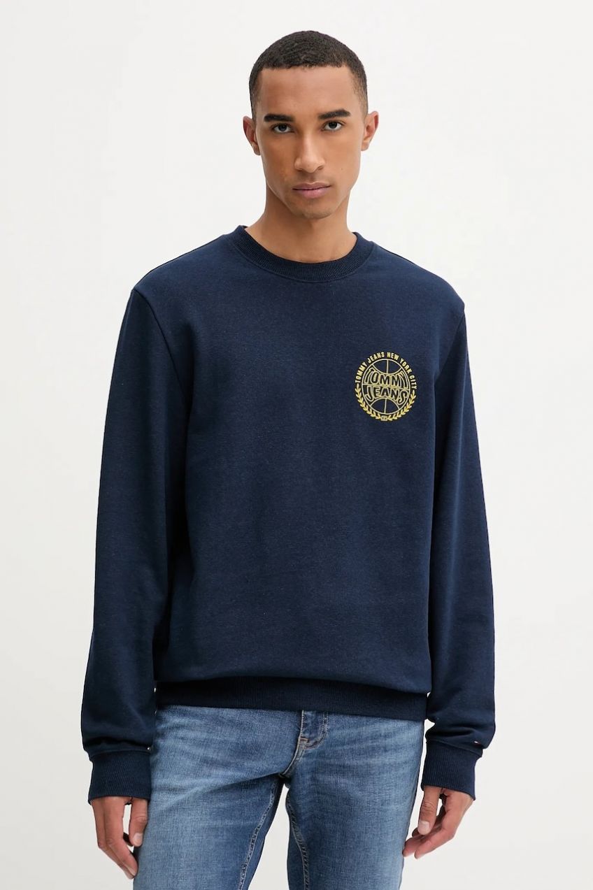 Bavlnená mikina Tommy Jeans tmavomodrá farba, s potlačou, DM0DM22081
