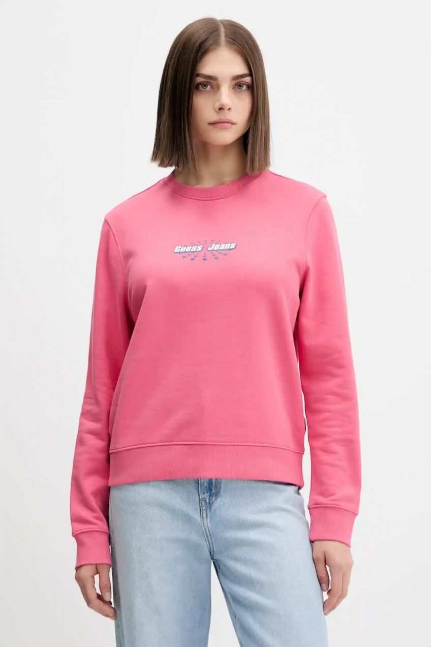 Bavlnená mikina Guess Jeans ružová farba, s potlačou, W5YQ23 K68I4
