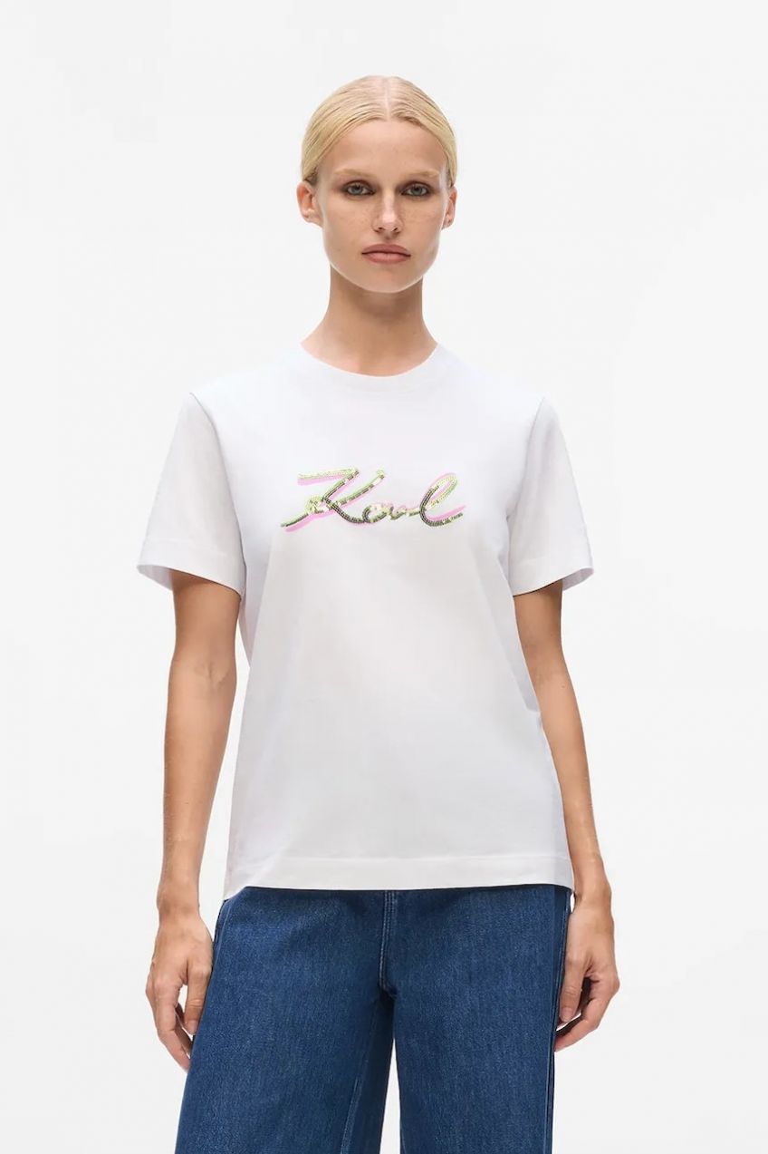Bavlnené tričko Karl Lagerfeld dámske, biela farba, A4W17052