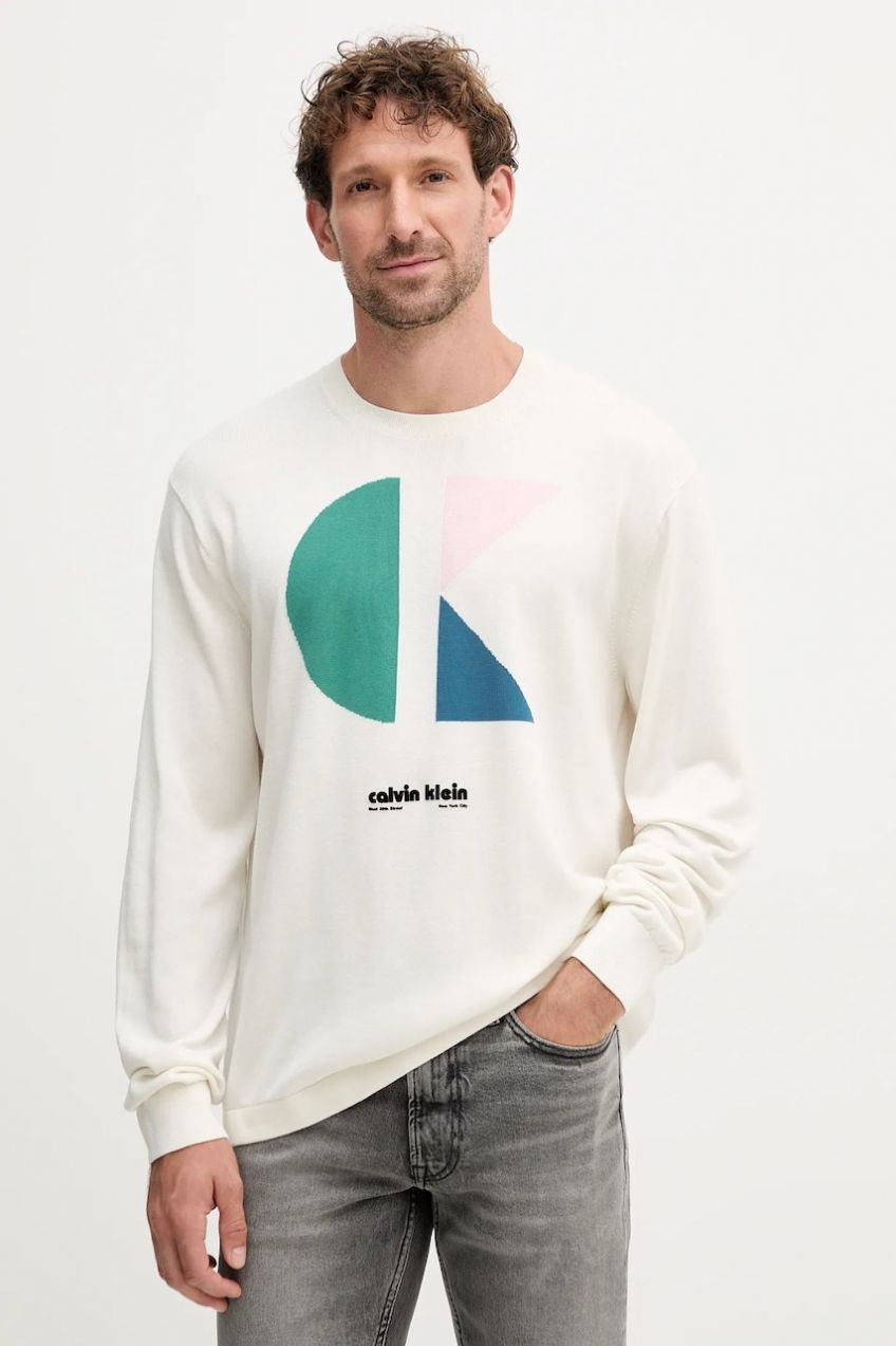 Bavlnený sveter Calvin Klein Jeans biela farba, ľahký, LV04RC303G