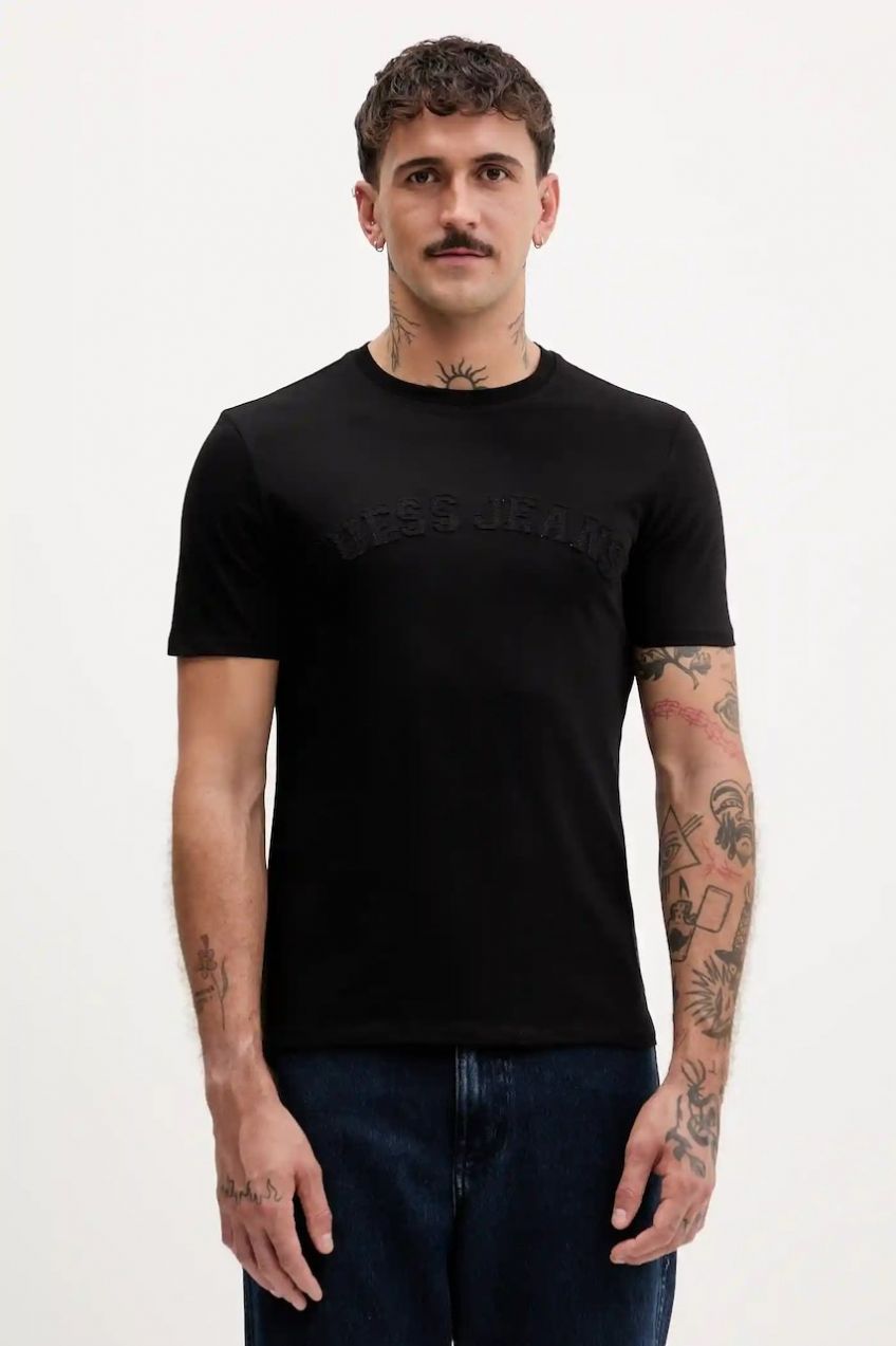Bavlnené tričko Guess Jeans pánske, čierna farba, s nášivkou, M5YI05 K8HM0
