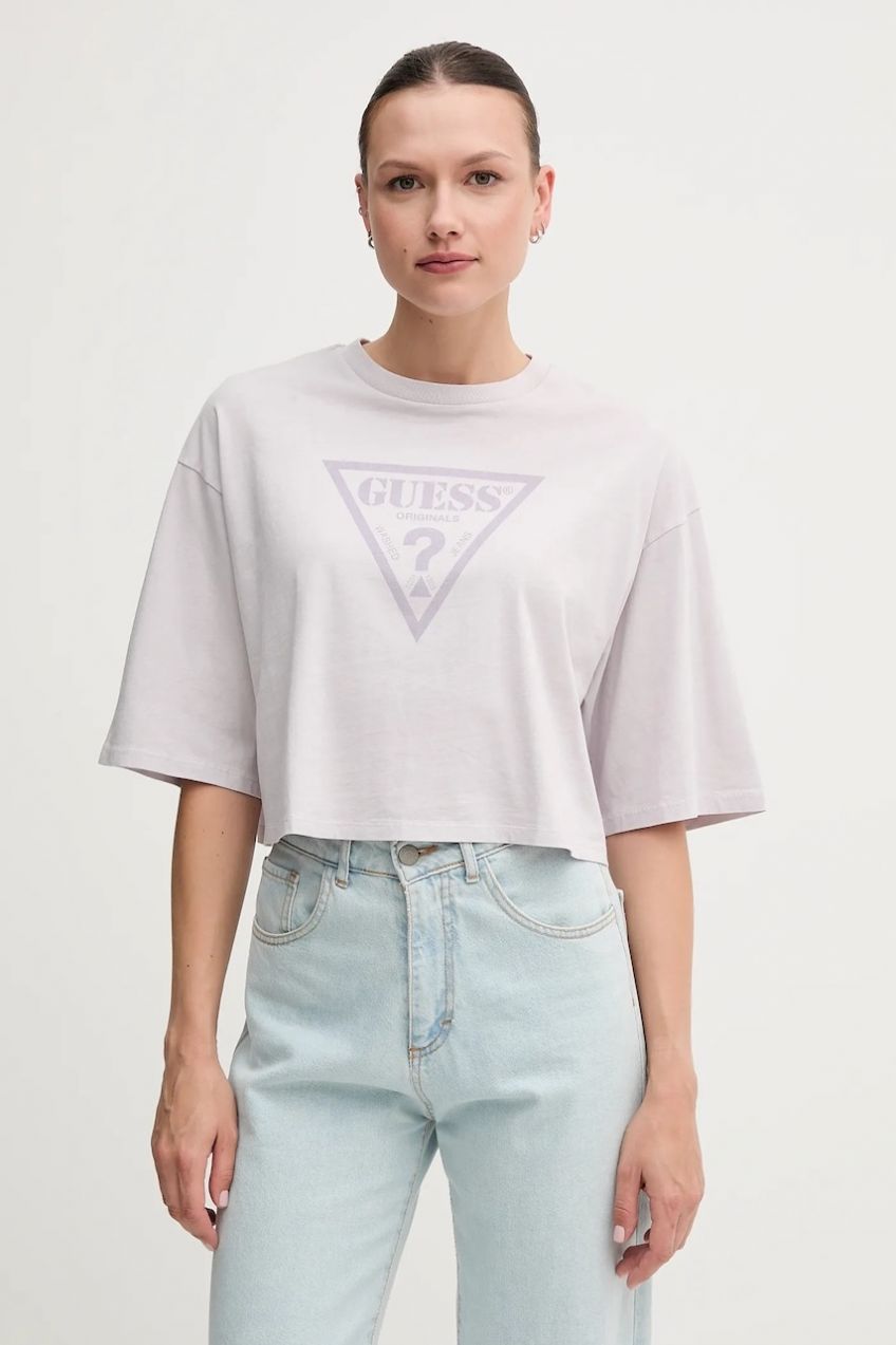 Bavlnené tričko Guess Originals dámske, fialová farba, W5GI58 K8HM0