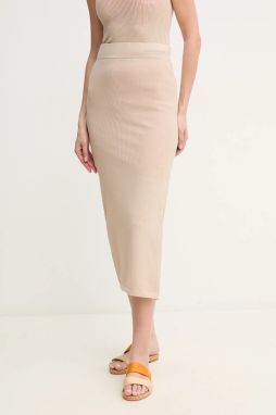Sukňa Dkny béžová farba, midi, rovný strih, DJ5R0534