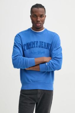 Bavlnená mikina Tommy Jeans pánska, tyrkysová farba, s nášivkou, DM0DM20262