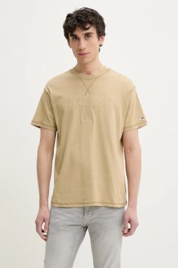 Bavlnené tričko Tommy Jeans pánske, béžová farba, s nášivkou, DM0DM20805