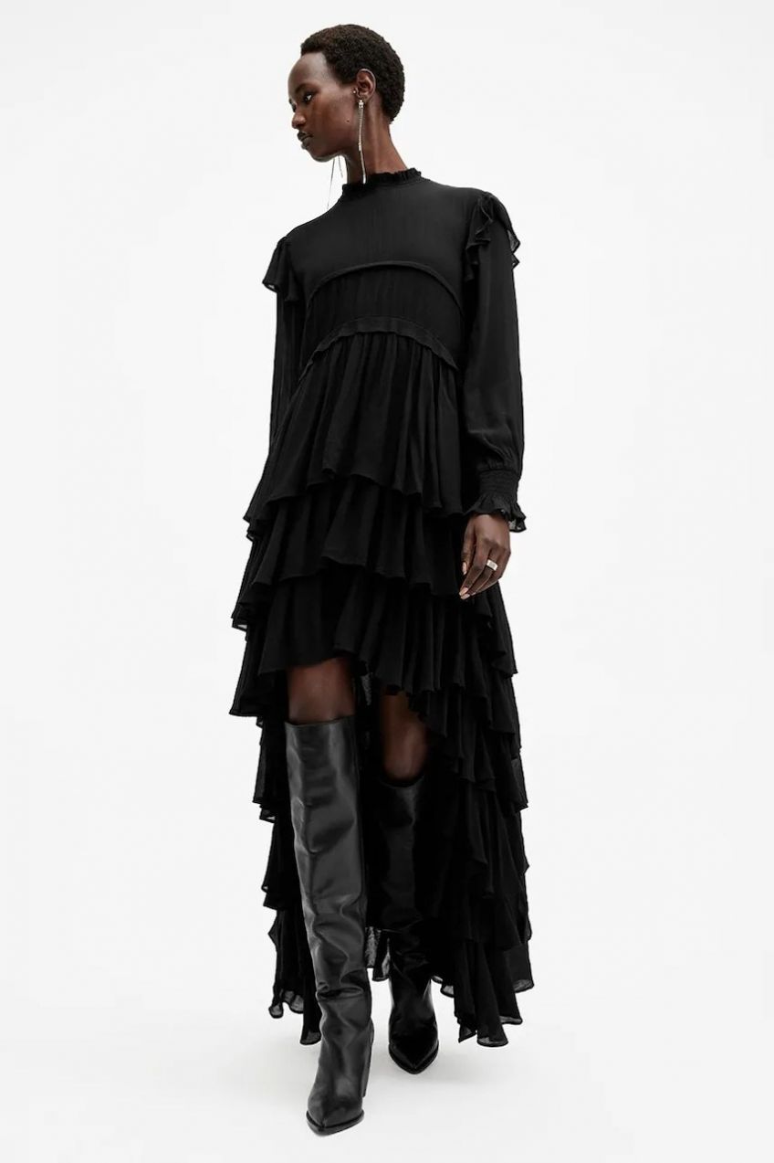 Šaty AllSaints CAVARLY čierna farba, maxi, áčkový strih, W254DB