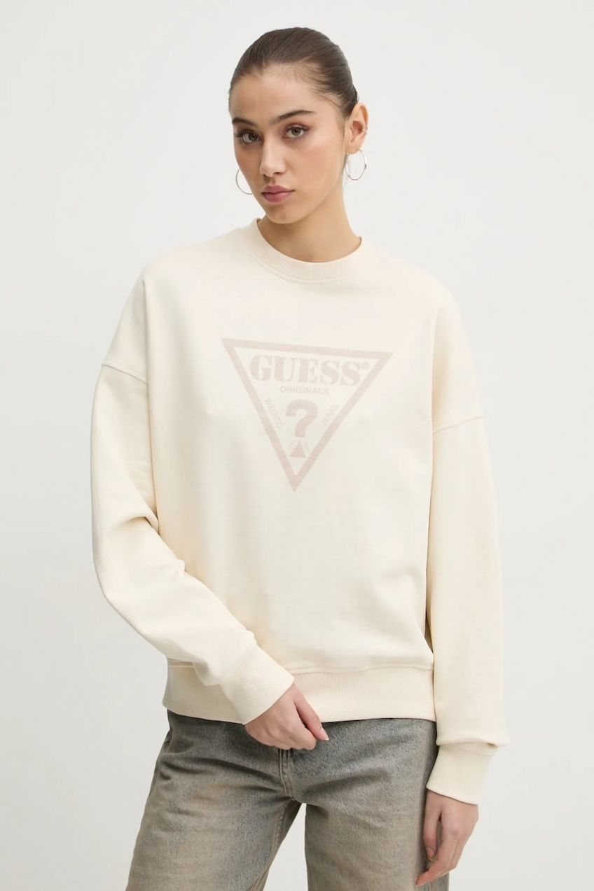 Bavlnená mikina Guess Originals dámska, béžová farba, s potlačou, W5RQ14 K68I1