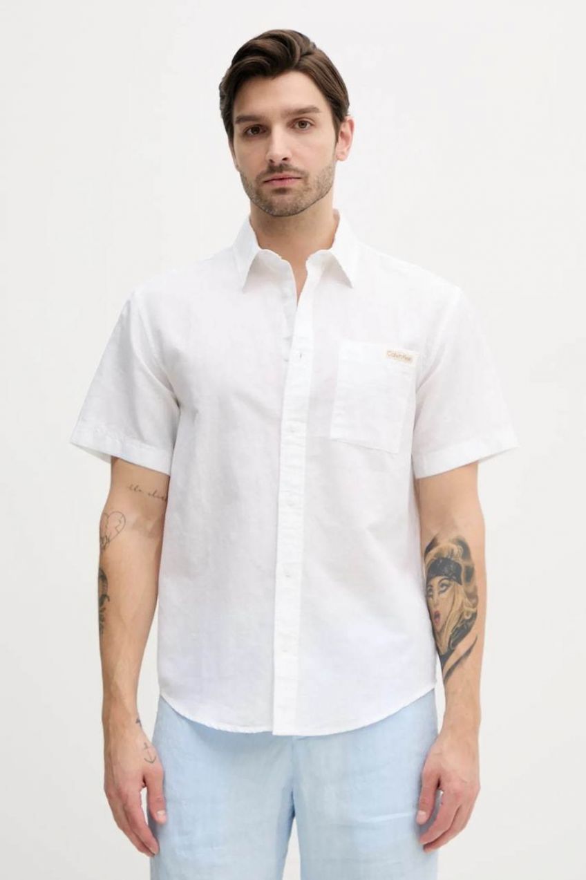 Ľanová košeľa Calvin Klein Jeans pánska, biela farba, regular, s klasickým golierom, J30J327296