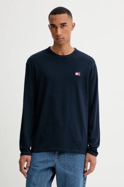 Bavlnené tričko s dlhým rukávom Tommy Jeans tmavomodrá farba, jednofarebné, DM0DM21974