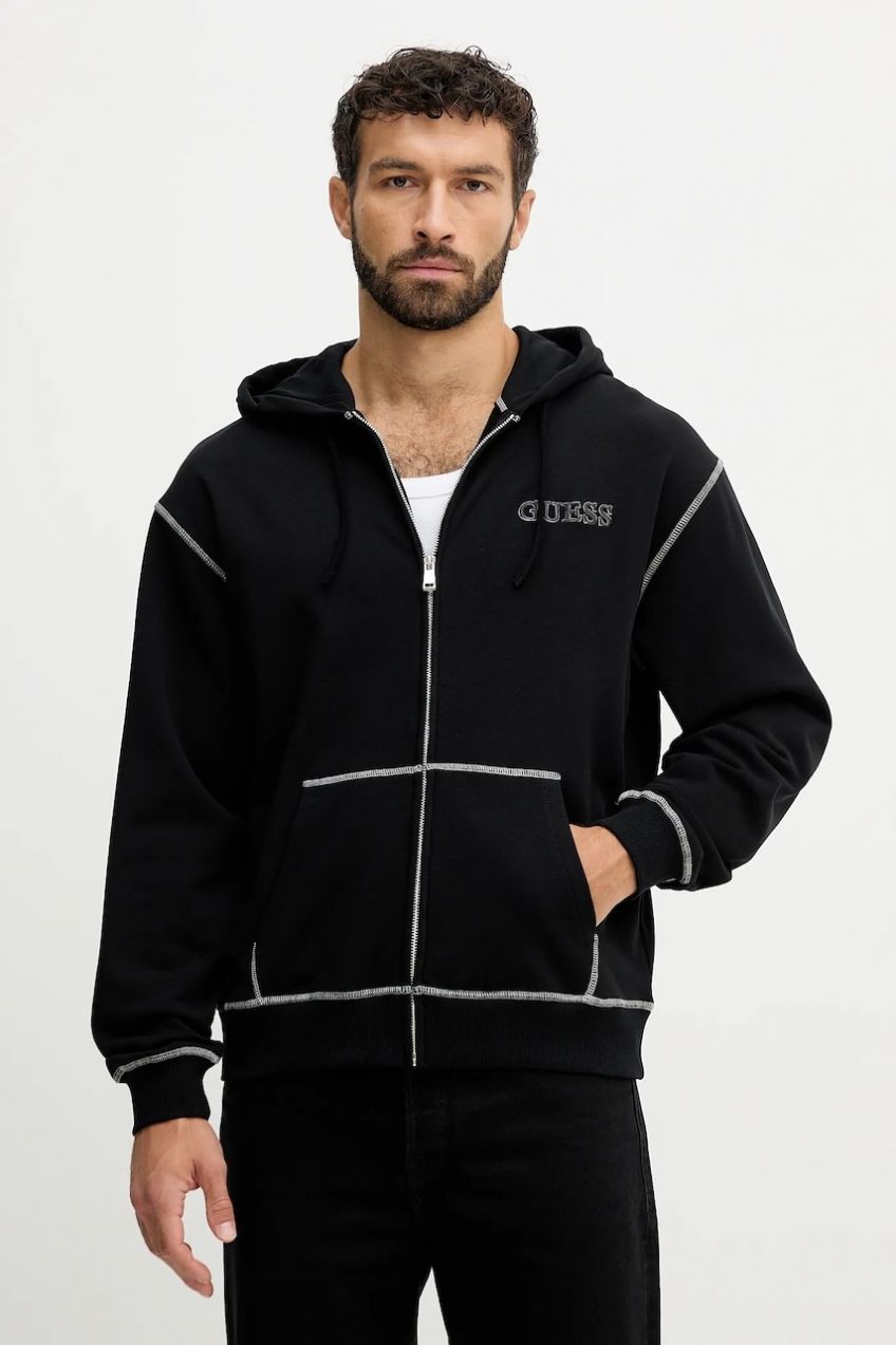 Mikina Guess čierna farba, s kapucňou, s nášivkou, U5RQ02 KCO31