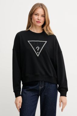 Bavlnená mikina Guess RACHELE čierna farba, s nášivkou, W5YQ04 KC8I0